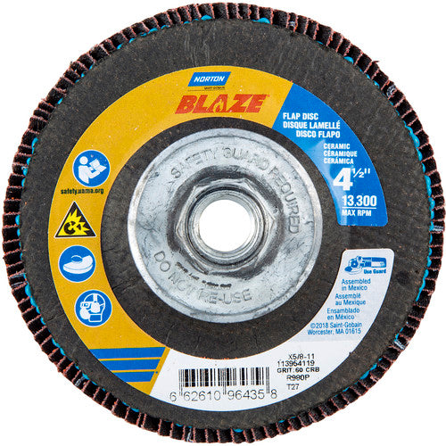 ‎4-1/2 × 5/8 - 11″ Blaze Fiberglass HD Flat Flap Disc Type 27 60 Grit R980P Premium Ceramic Alumina - Eagle Tool & Supply