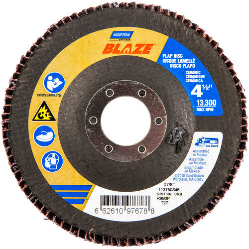 ‎4-1/2 × 7/8″ Blaze Fiberglass HD Flat Flap Disc Type 27 36 Grit R980P Premium Ceramic Alumina - Eagle Tool & Supply