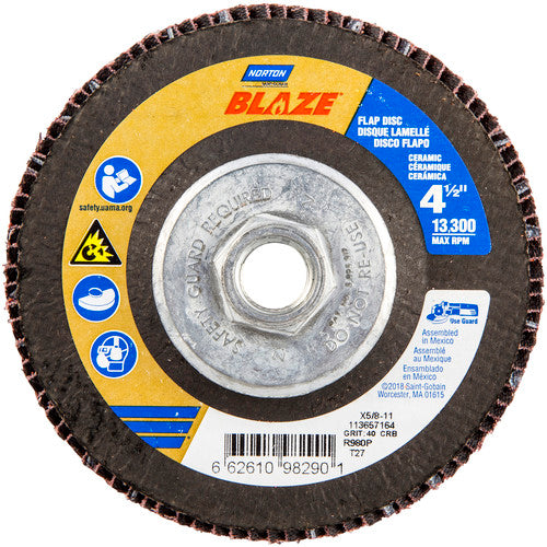 ‎4-1/2 × 5/8 - 11″ Blaze Fiberglass HD Flat Flap Disc Type 27 40 Grit R980P Premium Ceramic Alumina - Eagle Tool & Supply