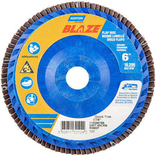6 × 7/8″ Blaze Plastic Flat Flap Disc Type 27 60 Grit R980P Premium Ceramic Alumina - Eagle Tool & Supply