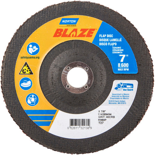 7 × 7/8″ Blaze Fiberglass HD Flat Flap Disc Type 27 40 Grit R980P Premium Ceramic Alumina - Eagle Tool & Supply