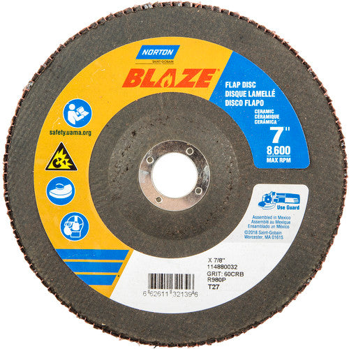 7 × 7/8″ Blaze Fiberglass HD Flat Flap Disc Type 27 60 Grit R980P Premium Ceramic Alumina - Eagle Tool & Supply