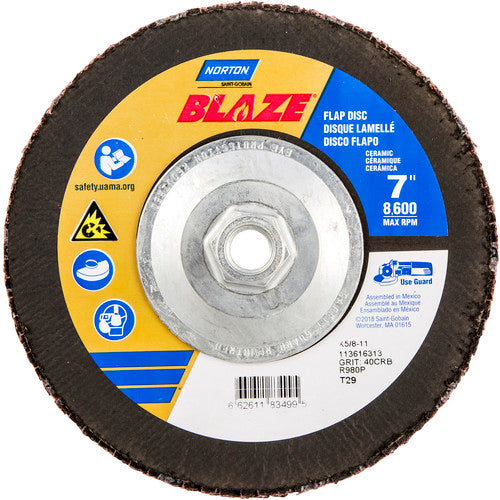 ‎7 × 5/8 - 11″ Blaze Fiberglass Conical Flap Disc Type 29 40 Grit R980P Premium Ceramic Alumina - Eagle Tool & Supply