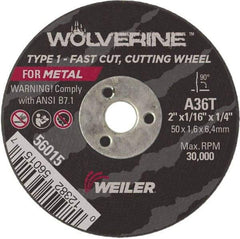 Weiler - 2" 36 Grit Aluminum Oxide Cutoff Wheel - 1/16" Thick, 1/4" Arbor, 30,000 Max RPM, Use with Die Grinders - Eagle Tool & Supply