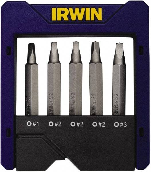 Irwin - 5 Piece, Square Handle, Power Bit Set - 0.05 to 1/4" Hex, #1 to #3, 1/4" Hex Drive - Eagle Tool & Supply