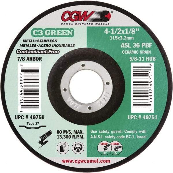 Camel Grinding Wheels - 36 Grit, 4-1/2" Wheel Diam, 1/8" Wheel Thickness, 7/8" Arbor Hole, Type 27 Depressed Center Wheel - Medium Grade, Aluminum Oxide, Resinoid Bond, 13,300 Max RPM - Eagle Tool & Supply