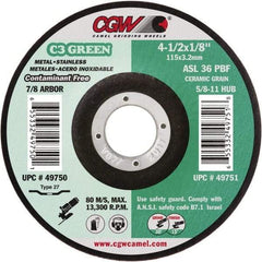 Camel Grinding Wheels - 36 Grit, 4-1/2" Wheel Diam, 1/8" Wheel Thickness, 7/8" Arbor Hole, Type 27 Depressed Center Wheel - Medium Grade, Aluminum Oxide, Resinoid Bond, 13,300 Max RPM - Eagle Tool & Supply