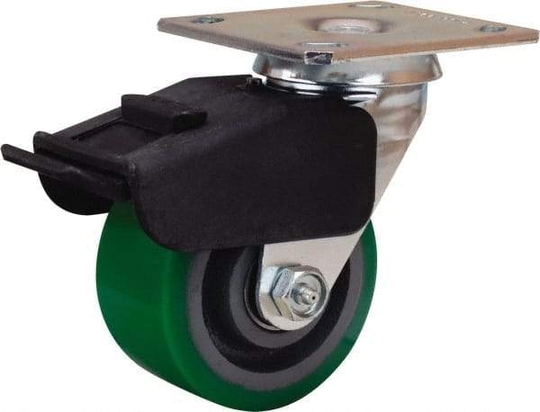 Hamilton - 4" Diam x 2" Wide x 5-5/8" OAH Top Plate Mount Swivel Caster with Brake - Polyurethane Mold onto Cast Iron Center, 750 Lb Capacity, Precision Ball Bearing, 4 x 4-1/2" Plate - Eagle Tool & Supply