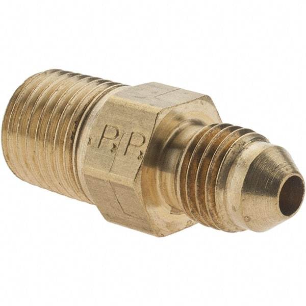 Parker - 1/4" Tube OD, 37° Brass Flared Tube Male Adapter - 1/4-18 NPTF, Flare x NPTF Ends - Eagle Tool & Supply