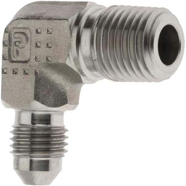 Parker - 1/4" Tube OD, 37° Stainless Steel Flared Tube 90° Elbow - 1/4-18 NPTF, Flare x NPTF Ends - Eagle Tool & Supply