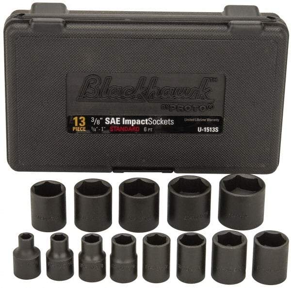 Blackhawk by Proto - 13 Piece 3/8" Drive Black Finish Impact Socket Set - 6 Points, 1/4" to 1" Range, Inch Measurement Standard - Eagle Tool & Supply