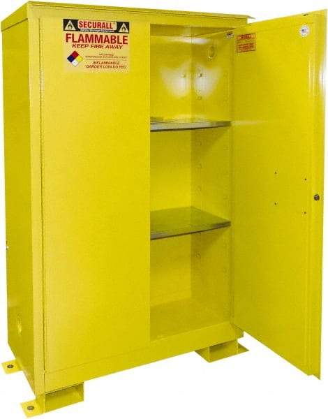 Securall Cabinets - 2 Door, 2 Shelf, Yellow Steel Standard Safety Cabinet for Flammable and Combustible Liquids - 69" High x 43" Wide x 18" Deep, Manual Closing Door, 3 Point Key Lock, 45 Gal Capacity - Eagle Tool & Supply