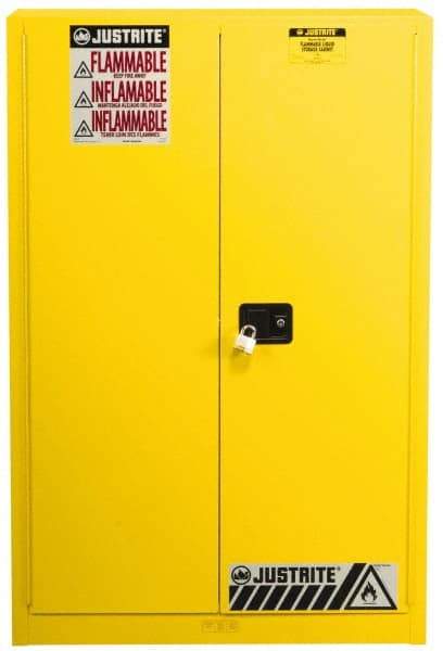 Justrite - 2 Door, 5 Shelf, Yellow Steel Standard Safety Cabinet for Flammable and Combustible Liquids - 65" High x 43" Wide x 18" Deep, Manual Closing Door, 3 Point Key Lock, 60 Gal Capacity - Eagle Tool & Supply