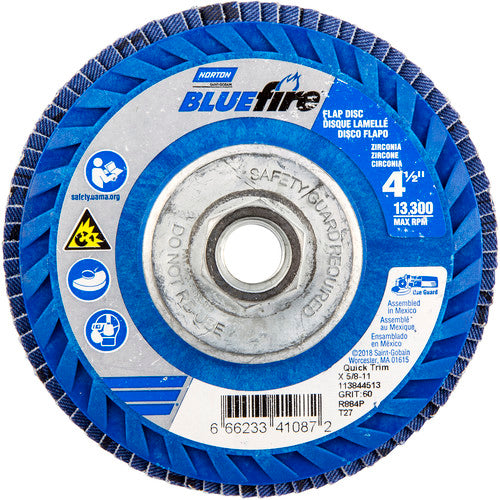 ‎4-1/2 × 5/8 - 11″ BlueFire Plastic Flat Flap Disc Type 27 P60 Grit R884V1 Zirconia Alumina - Eagle Tool & Supply