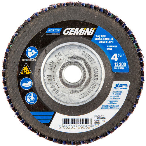 ‎4-1/2 × 5/8 - 11″ Gemini Fiberglass HD Flat Flap Disc Type 27 P40 Grit R766 Zirconia Alumina - Eagle Tool & Supply