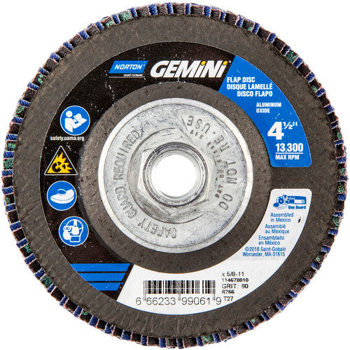 ‎4-1/2 × 5/8 - 11″ Gemini Fiberglass HD Flat Flap Disc Type 27 P80 Grit R766 Zirconia Alumina - Eagle Tool & Supply