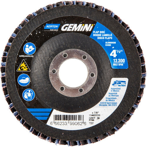 ‎4-1/2 × 7/8″ Gemini Fiberglass HD Flat Flap Disc Type 27 P36 Grit R766 Zirconia Alumina - Eagle Tool & Supply