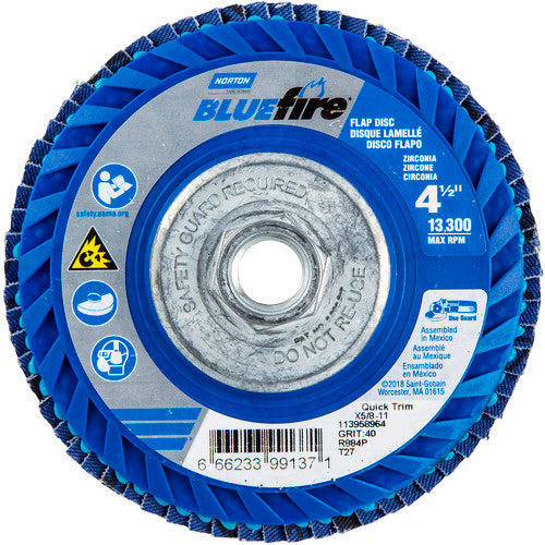 ‎4-1/2 × 5/8 - 11″ BlueFire Plastic Flat Flap Disc Type 27 P40 Grit R884P Zirconia Alumina - Eagle Tool & Supply