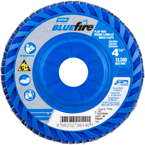 ‎4-1/2 × 7/8″ BlueFire Plastic Flat Flap Disc Type 27 P36 Grit R884P Zirconia Alumina - Eagle Tool & Supply