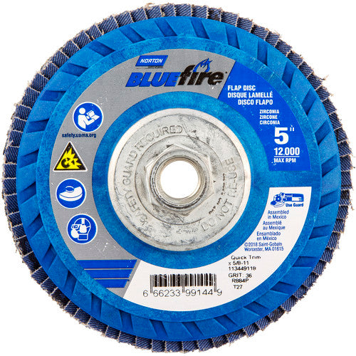 ‎5 × 5/8 - 11″ BlueFire Plastic Flat Flap Disc Type 27 P36 Grit R884P Zirconia Alumina - Eagle Tool & Supply