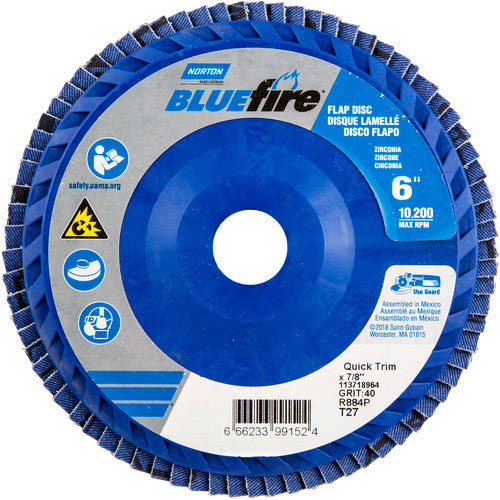 6 × 7/8″ BlueFire Plastic Flat Flap Disc Type 27 P40 Grit R884P Zirconia Alumina - Eagle Tool & Supply