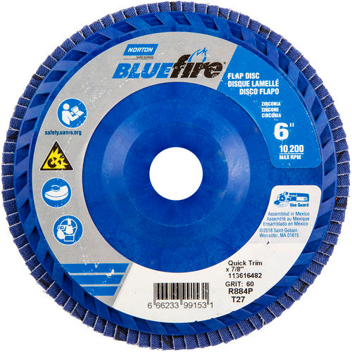 6 × 7/8″ BlueFire Plastic Flat Flap Disc Type 27 P60 Grit R884P Zirconia Alumina - Eagle Tool & Supply