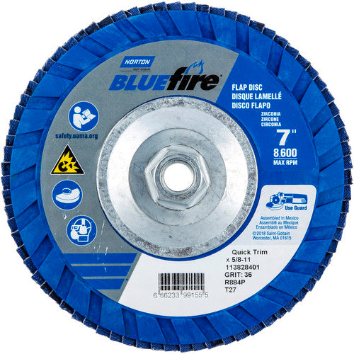 ‎7 × 5/8 - 11″ BlueFire Plastic Flat Flap Disc Type 27 P36 Grit R884P Zirconia Alumina - Eagle Tool & Supply