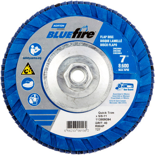 ‎7 × 5/8 - 11″ BlueFire Plastic Flat Flap Disc Type 27 P40 Grit R884P Zirconia Alumina - Eagle Tool & Supply