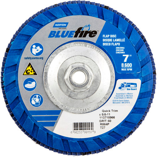 ‎7 × 5/8 - 11″ BlueFire Plastic Flat Flap Disc Type 27 P60 Grit R884P Zirconia Alumina - Eagle Tool & Supply