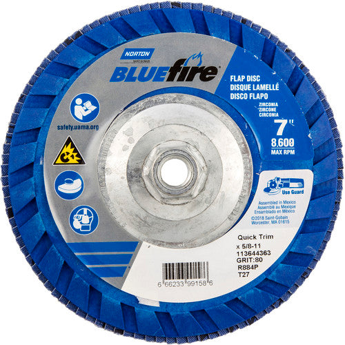 ‎7 × 5/8 - 11″ BlueFire Plastic Flat Flap Disc Type 27 P80 Grit R884P Zirconia Alumina - Eagle Tool & Supply