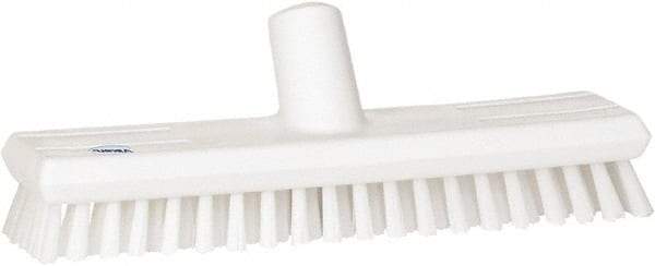 Vikan - 1" Bristle Length, Polyester Scrub Brush - 10-5/8" Long x 2-1/2" Wide Head, 11" OAL, European Threaded Handle, White, Polypropylene Block - Eagle Tool & Supply