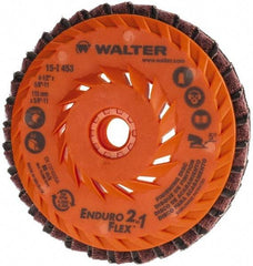 WALTER Surface Technologies - 150 Grit, 4-1/2" Disc Diam, 5/8-11 Center Hole, Type 27 Aluminum Oxide Flap Disc - 13,300 Max RPM, Plastic Backing, Arbor Attaching System, Coated & Non-Woven Combo - Eagle Tool & Supply