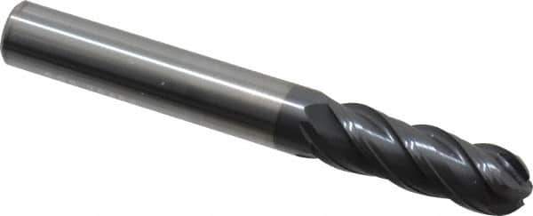 SGS - 3/8" Diam, 1-1/8" LOC, 4 Flute Solid Carbide Ball End Mill - AlTiN Finish, Single End, 3" OAL, 3/8" Shank Diam, Spiral Flute - Eagle Tool & Supply