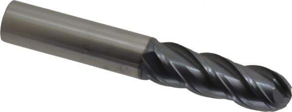 SGS - 3/4" Diam, 2-1/4" LOC, 4 Flute Solid Carbide Ball End Mill - AlTiN Finish, Single End, 5" OAL, 3/4" Shank Diam, Spiral Flute - Eagle Tool & Supply