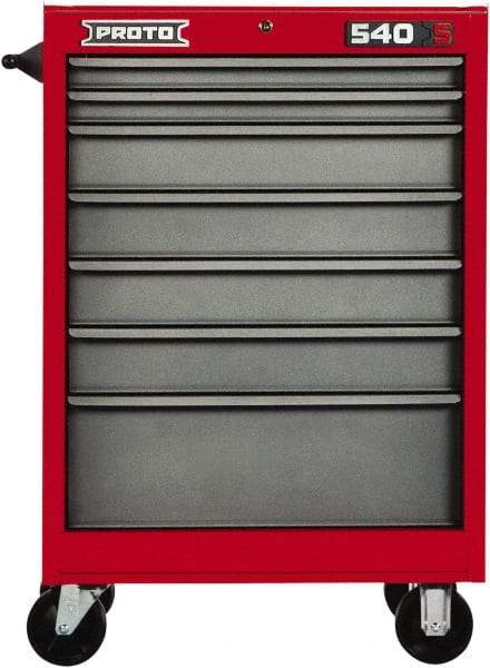Proto - 7 Drawer Steel Tool Roller Cabinet - 27" Wide x 52" High x 18" Deep, Ball Bearing Drawer Slides, Safety Red/Gray - Eagle Tool & Supply