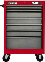 Proto - 7 Drawer Steel Tool Roller Cabinet - 27" Wide x 52" High x 18" Deep, Ball Bearing Drawer Slides, Safety Red/Gray - Eagle Tool & Supply
