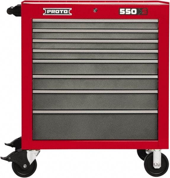 Proto - 8 Drawer 15,134 Lb Capacity Steel Tool Roller Cabinet - 34" Wide x 41" High x 25-1/4" Deep, Ball Bearing Drawer Slides, Safety Red/Gray - Eagle Tool & Supply