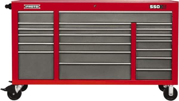 Proto - 20 Drawer Mobile Workstation - 67" Wide x 25-1/4" Deep x 41" High, Steel, Safety Red & Gray - Eagle Tool & Supply
