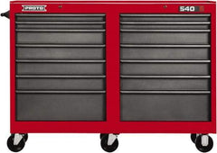 Proto - 14 Drawer Mobile Workstation - 54" Wide x 18" Deep x 42" High, Steel, Safety Red & Gray - Eagle Tool & Supply