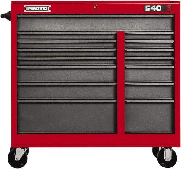 Proto - 15 Drawer Mobile Workstation - 41" Wide x 18" Deep x 42" High, Steel, Safety Red & Gray - Eagle Tool & Supply