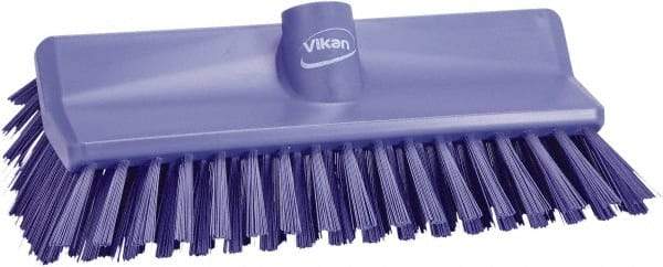 Vikan - 1-1/2" Bristle Length, Polyester Scrub Brush - 10" Long x 5-1/2" Wide Head, 10-25/64" OAL, European Threaded Handle, Purple, Polypropylene Block - Eagle Tool & Supply