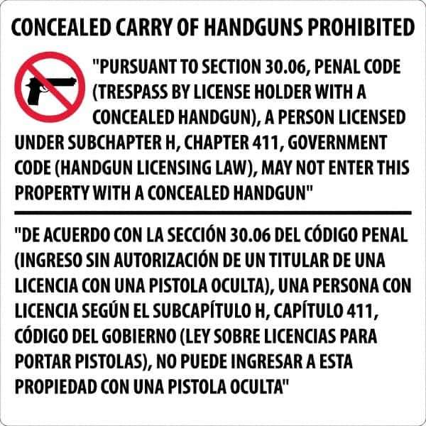 NMC - "Concealed Carry of Handguns Prohibited", 30" Long x 30" Wide, Aluminum Safety Sign - Square, 0.118" Thick, Use for Accident Prevention - Eagle Tool & Supply