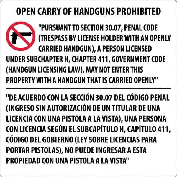 NMC - "Open Carry of Handguns Prohibited", 30" Long x 30" Wide, Aluminum Safety Sign - Square, 0.118" Thick, Use for Accident Prevention - Eagle Tool & Supply