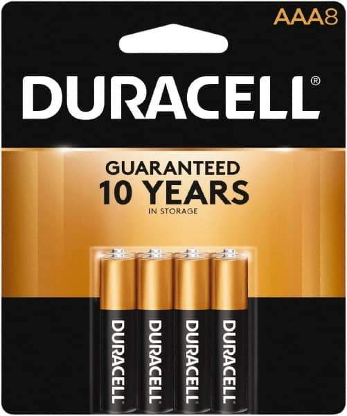 Duracell - Size AAA, Alkaline, 8 Pack, Standard Battery - 1.5 Volts, Button Tab Terminal, LR03, ANSI 24A Regulated - Eagle Tool & Supply