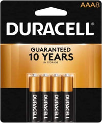 Duracell - Size AAA, Alkaline, 8 Pack, Standard Battery - 1.5 Volts, Button Tab Terminal, LR03, ANSI 24A Regulated - Eagle Tool & Supply