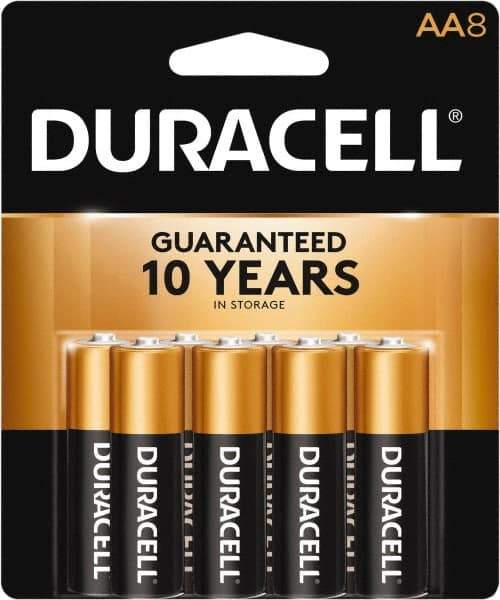 Duracell - Size AA, Alkaline, 8 Pack, Standard Battery - 1.5 Volts, Button Tab Terminal, LR6, ANSI 15A Regulated - Eagle Tool & Supply