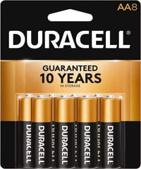 Duracell - Size AA, Alkaline, 8 Pack, Standard Battery - 1.5 Volts, Button Tab Terminal, LR6, ANSI 15A Regulated - Eagle Tool & Supply