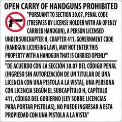 NMC - "Open Carry of Handguns Prohibited", 24" Long x 24" Wide, Rigid Plastic Safety Sign - Square, 0.05" Thick, Use for Accident Prevention - Eagle Tool & Supply
