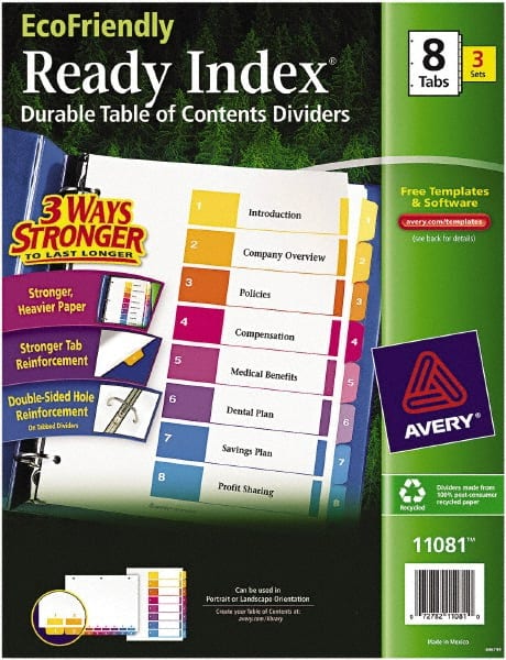 11 x 8 1/2″ 1 to 8″ Label, 8 Tabs, 3-Hole Punched, Preprinted Tab Dividers Multicolor Tabs, White Folder