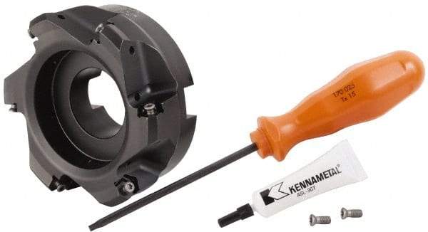 Kennametal - 4" Cut Diam, 1-1/2" Arbor Hole, 3.23mm Max Depth of Cut, 45° Indexable Chamfer & Angle Face Mill - 6 Inserts, HNGJ 0604... Insert, Right Hand Cut, 6 Flutes, Through Coolant, Series Dodeka Mini - Eagle Tool & Supply